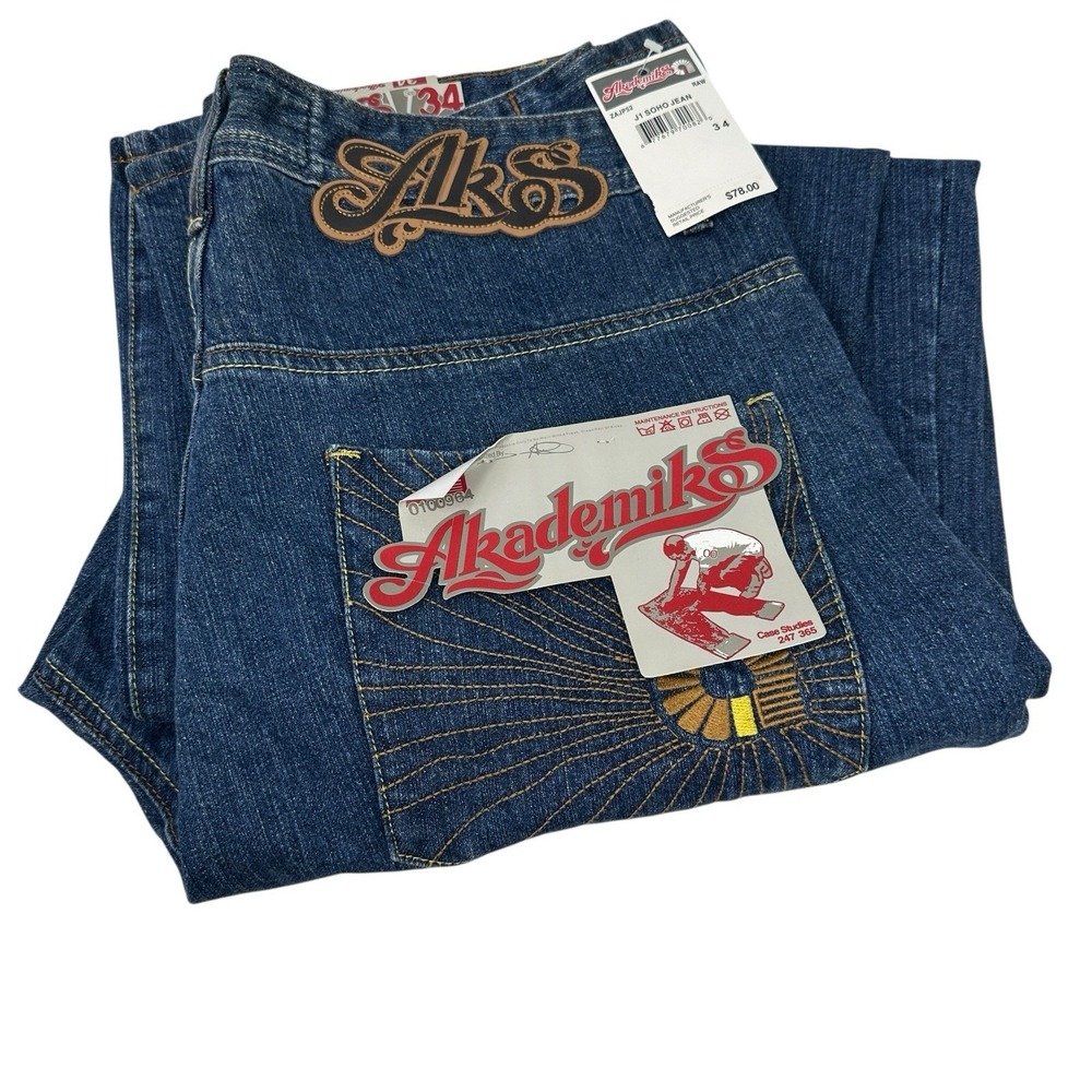 AKADEMIKS NWT Vintage J1 SoHo Men's Jeans Blue Baggy Wide Leg‎ Denim Y2K Size 34